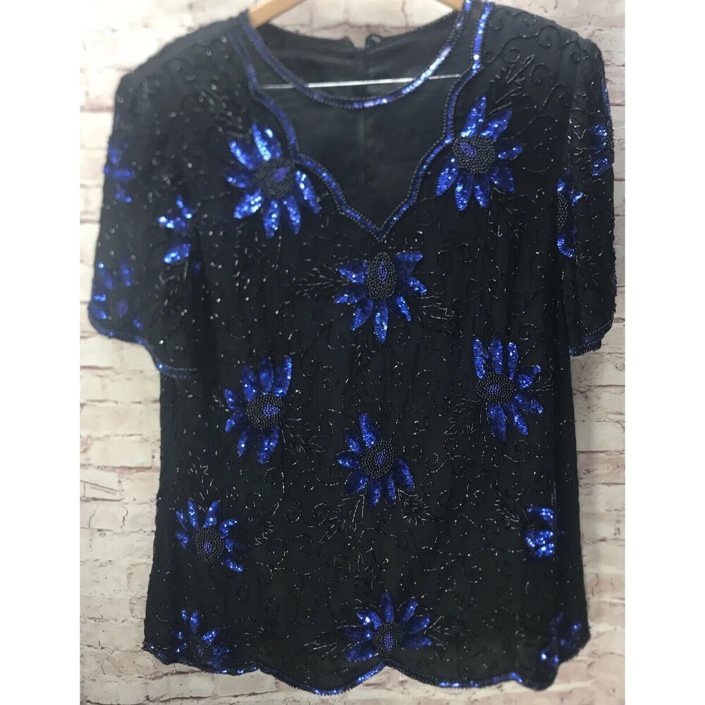 Vintage Womens Sequin Top Size Unknown Black Blue Flower Short Sleeve Crew Neck